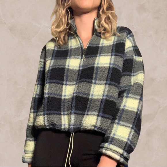 American Eagle Neon Green Fuzzy Sherpa Plaid Quarter Zip Front Sweatshirt - Picture 2 of 4